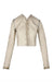 front of  twin set by simona barbieri beige leather cropped jacket. features high neckline, contrast trim, detachable sleeves with zip, cut detail at elbow, and hook closure.
