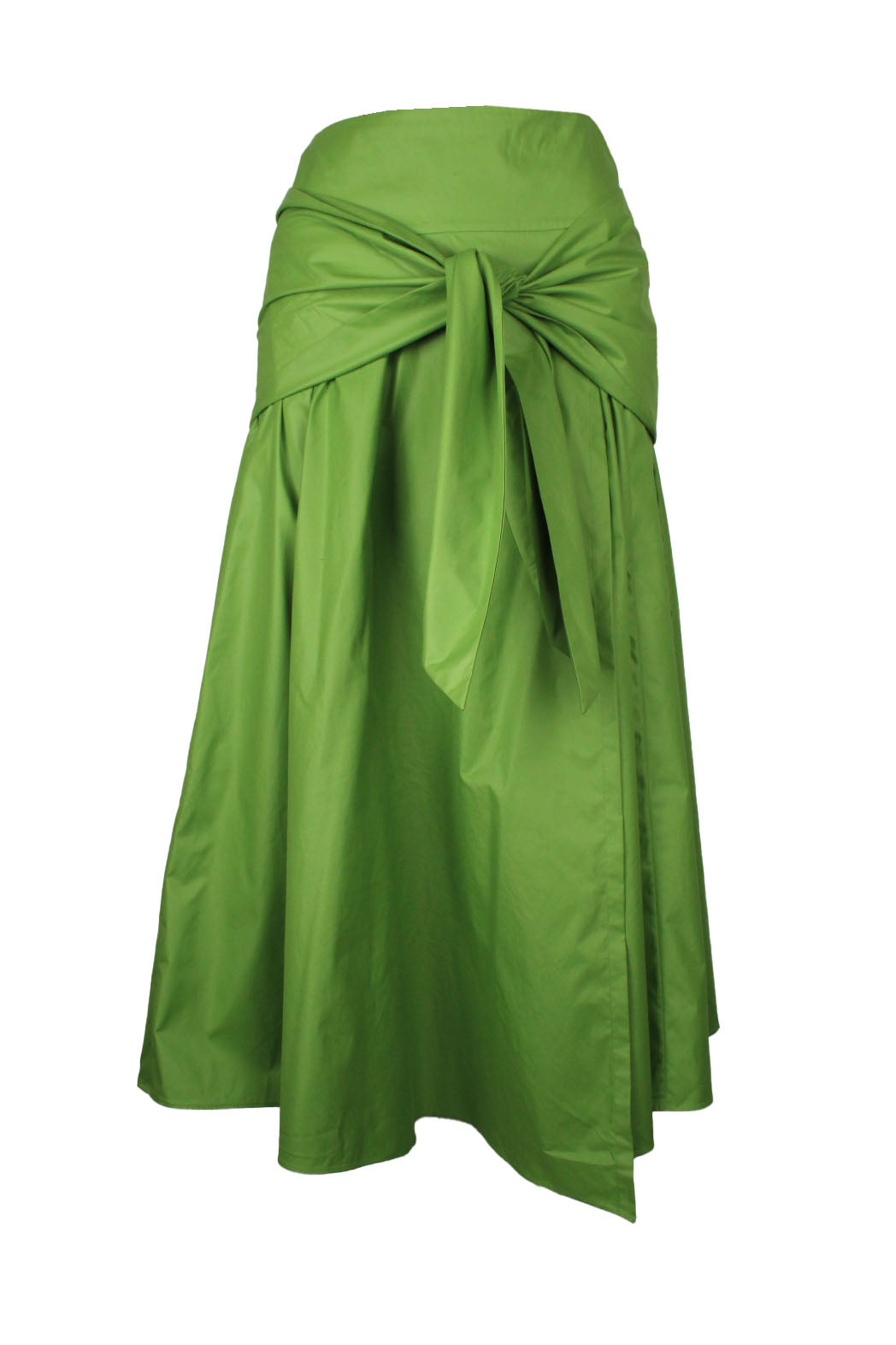 description: tibi green tie front midi skirt. features seamless waist, front tie accent, and left side zipper closure. 