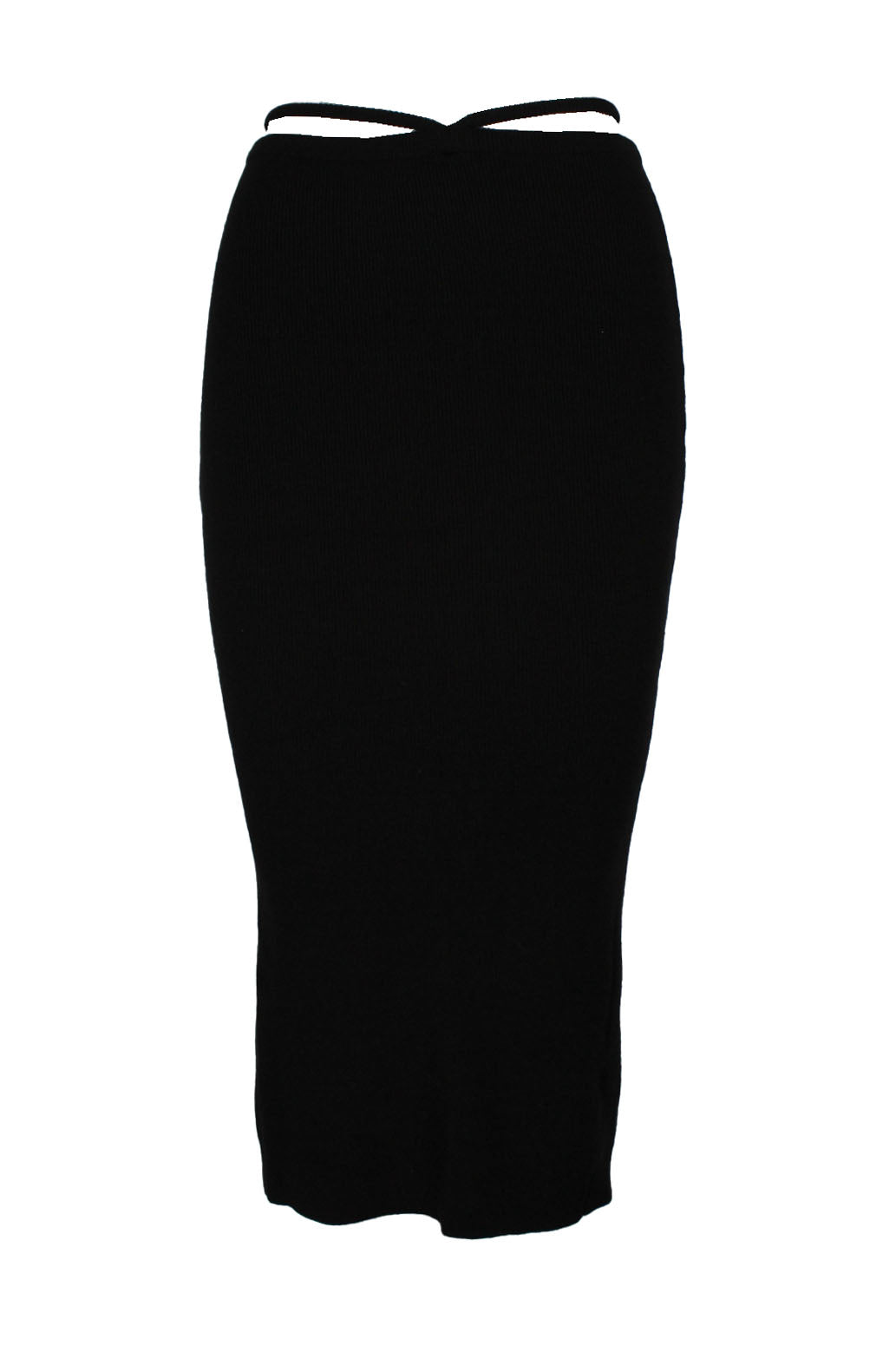 description: for love & lemons black knitted pencil skirt. features cross strap at waist, slit at back and fitted style. 