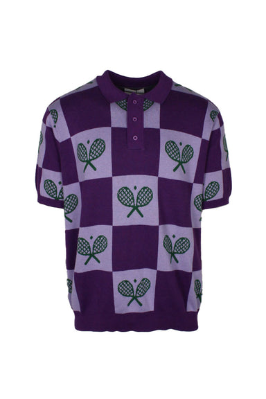 front view of arthur ashe multi purple checkered polo shirt. features tennis racket pattern throughout, three button placket, and ribbed collar/cuffs/hem.