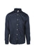 front view of allsaints navy long sleeve button up cotton shirt. features logo embroidered at left breast, hidden button down collar, and buttons at cuffs.