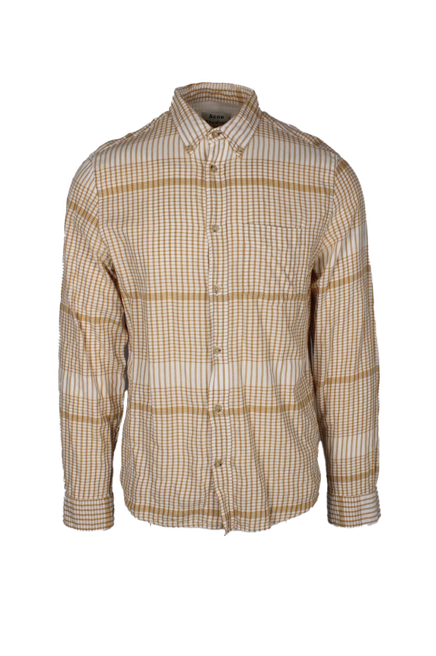 front view of acne studios white/golden brown plaid ‘isherwood’ long sleeve button up shirt. features left breast pocket, button down collar, and buttons at cuffs.