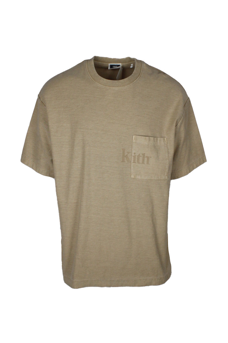 front view of kith beige cotton t-shirt. features tonal ‘kith’ logo in felt letters near/on left breast pocket with ribbed collar. 