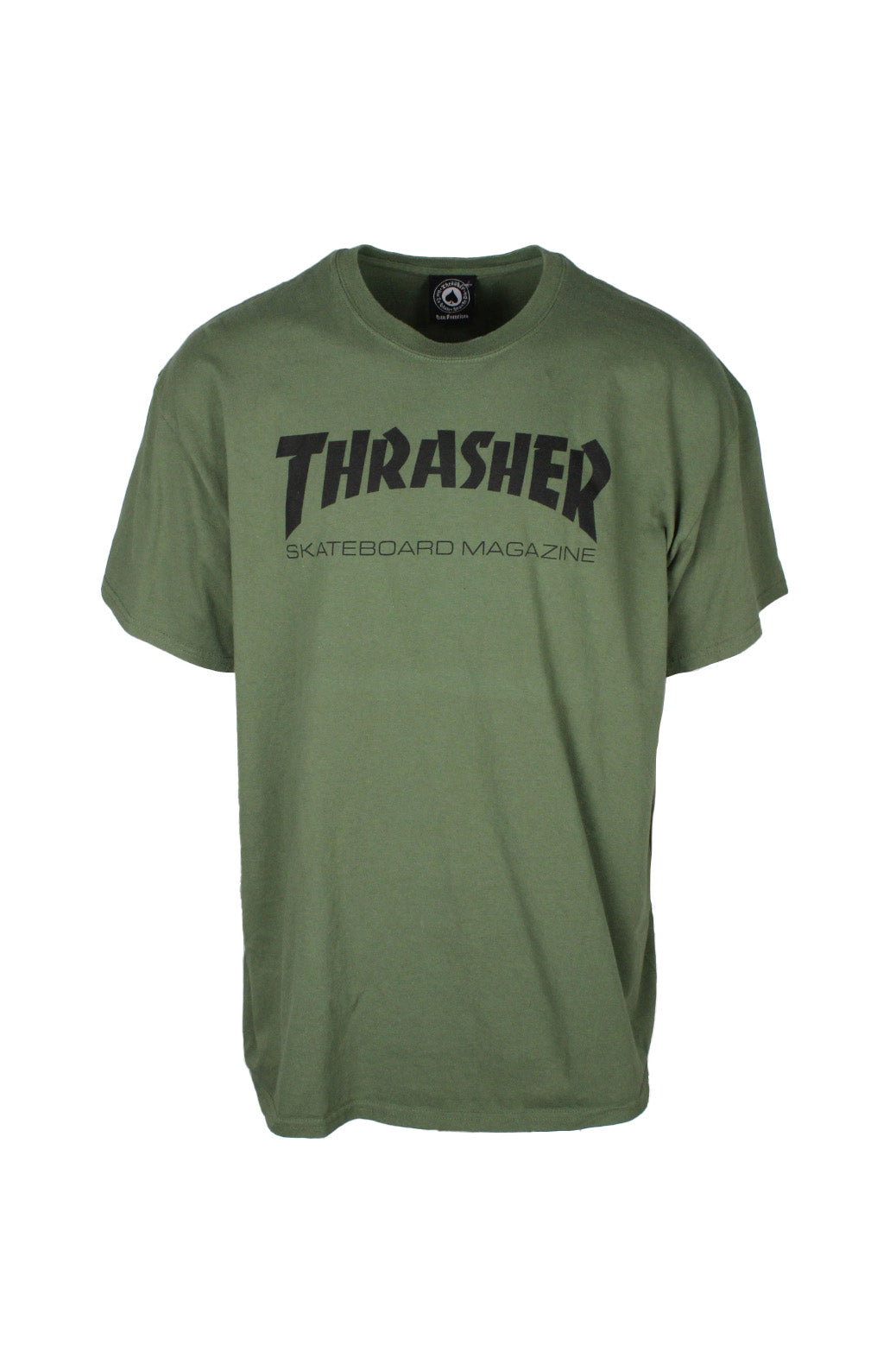 front view of thrasher magazine sage green cotton t-shirt. features ‘thrasher skateboard magazine’ logo printed at chest with ribbed collar.