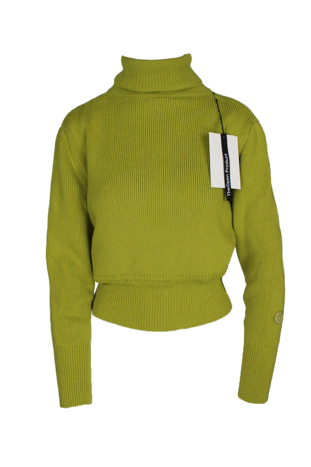  theopen product green ribbed turtleneck knit pullover. features a loose knit detail at the waist. tag attached.