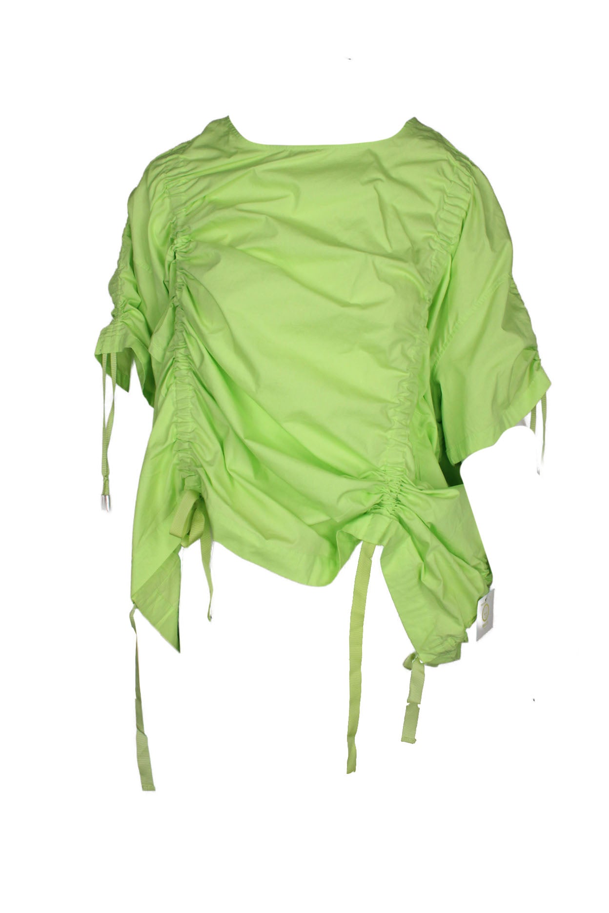 unlabeled neon green short sleeve top. features a ruched design throughout.