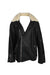 front of pelechecoco black leather long sleeve jacket. features faux fur at neck, notched lapels, press stud detail at lapels, zip pockets, strap with buckle at hem, and zip closure; fully lined. 