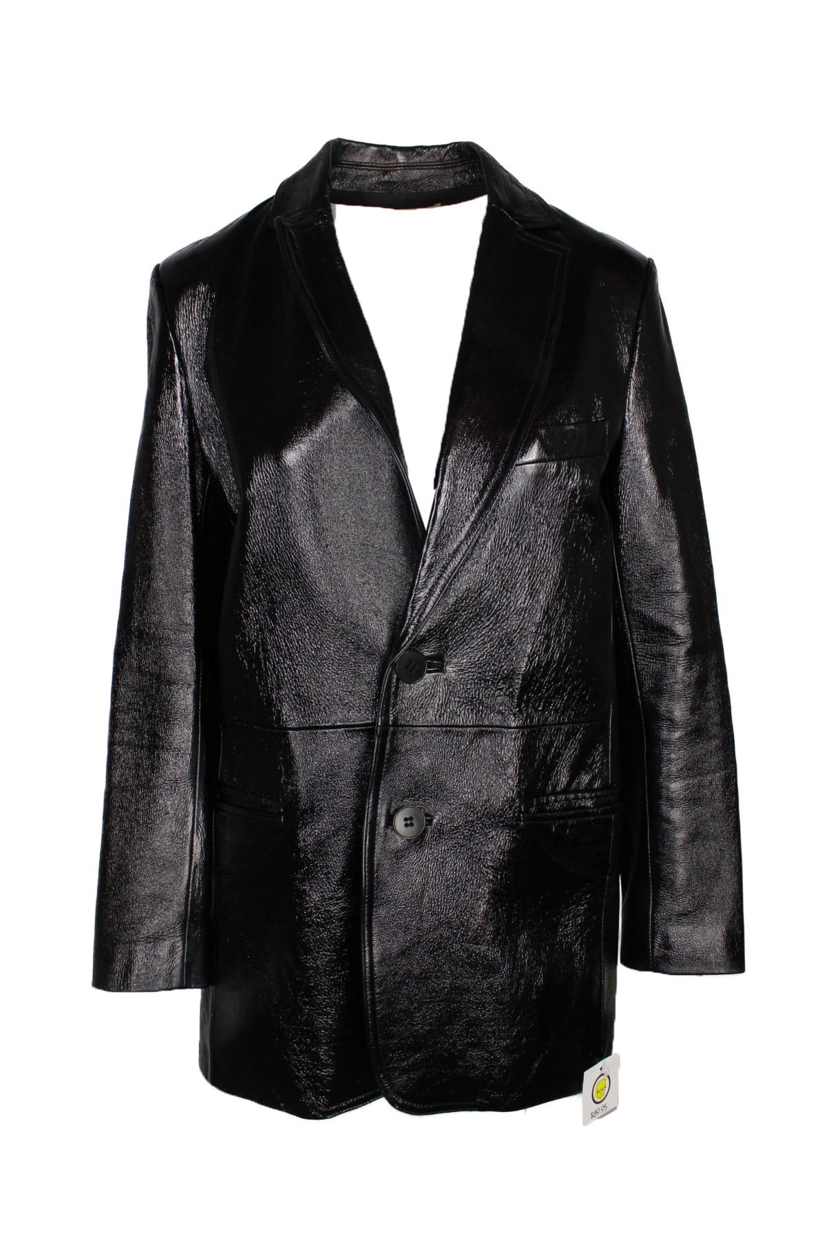 tibi black leather jacket. features button closure details and deep set in pocket details.
