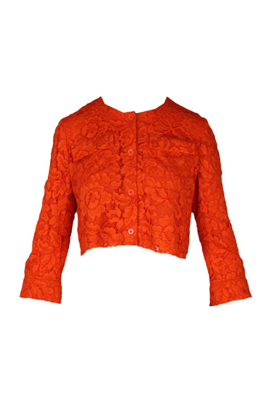 sandro orange button down cardigan. features a lace design and pocket details at the chest.