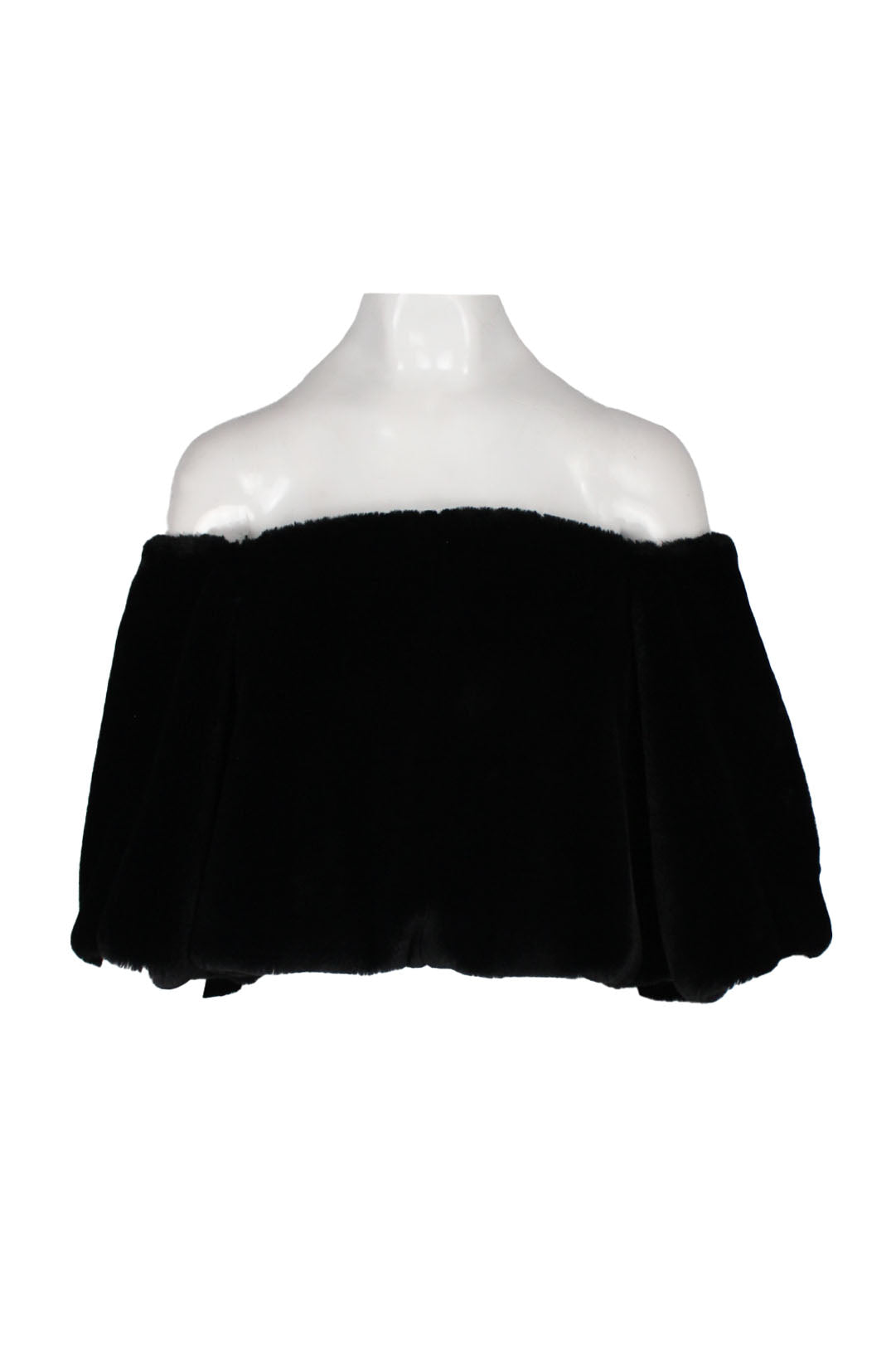 description: house of fluff black faux fur chunky infinity scarf cowl shrug. features slip on style, elastic on shoulder hem, and cropped length. 