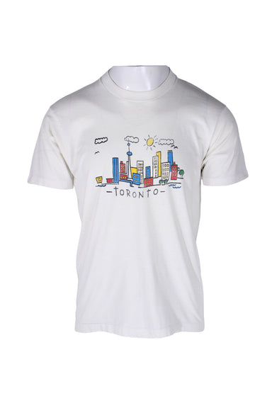 front angle of short sleeve t-shirt on masc mannequin torso. features cartoon print of toronto skyline on a sunny day with text 'toronto' in childlike font. single stitch hem/cuffs. fabric is worn to soft semi-sheer state. 