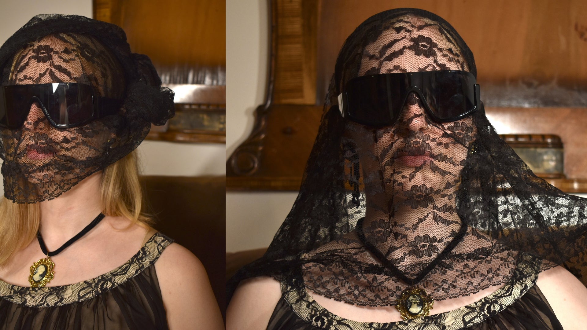 america's funeral - editorial with model wearing sunglasses and black lace veil 
