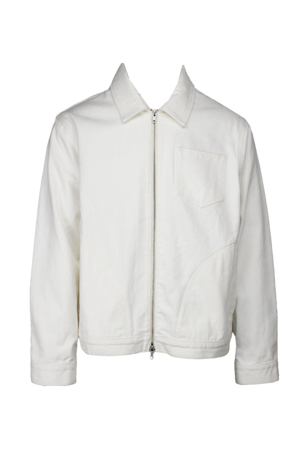 front view of kith white two way zip up denim jacket. features left breast pocket, side hand pockets, and buttons at sides of hem/cuffs.