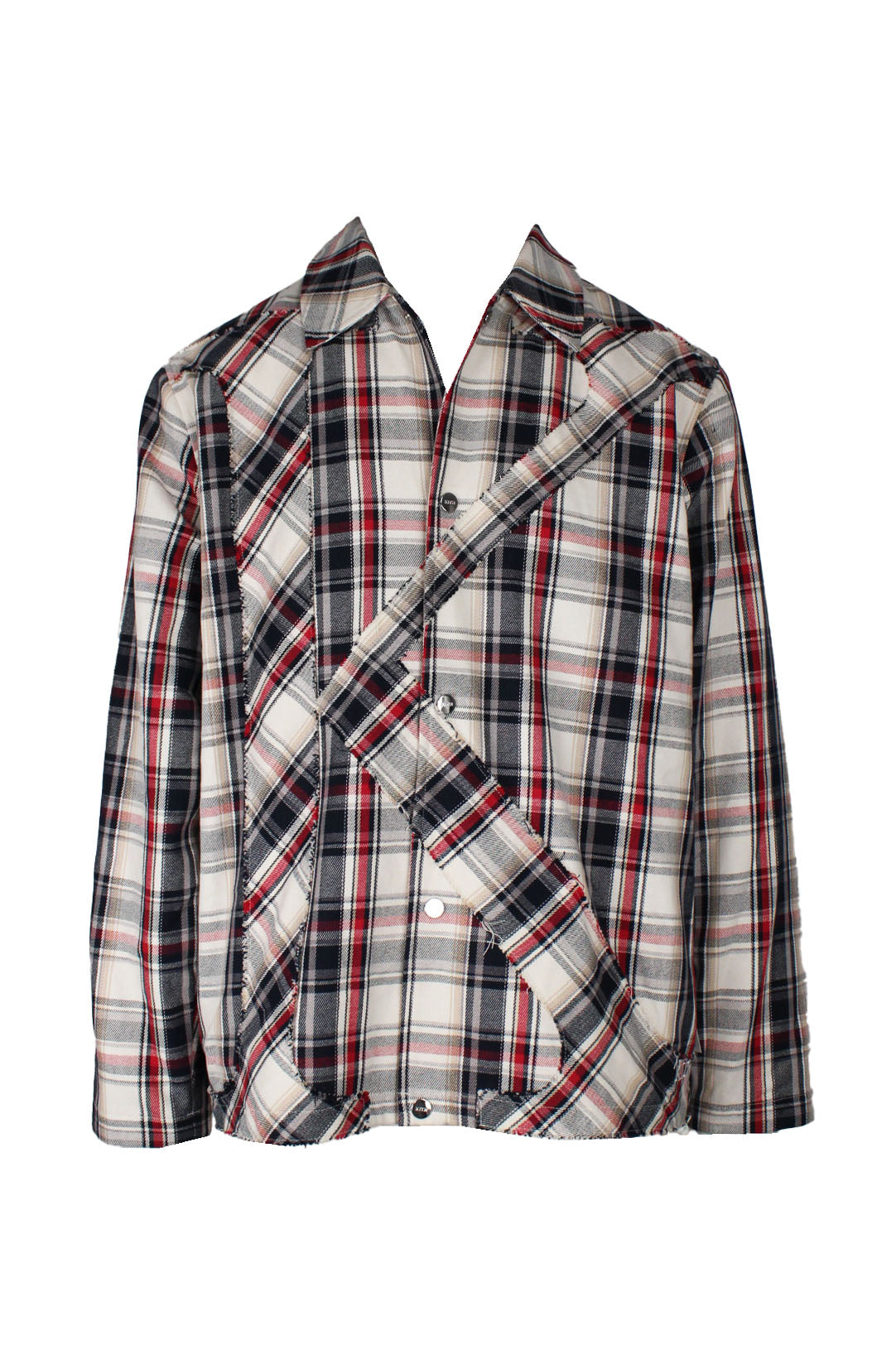front view of kith white/navy/red/beige plaid snap button up jacket. features ‘kith’ logo embroidered at front left above hem, side hand pockets, inner chest pocket, drawstring at hem, and fully lined.