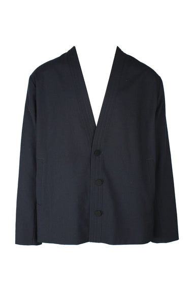 front view of kith midnight button up kimono jacket. features side hand pockets, inner chest pocket, four buttons at cuffs, and fully lined.