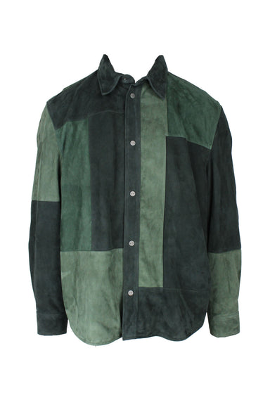 front view of kith green branded snap button up suede long sleeve shirt. features multi green panels throughout and fully lined.
