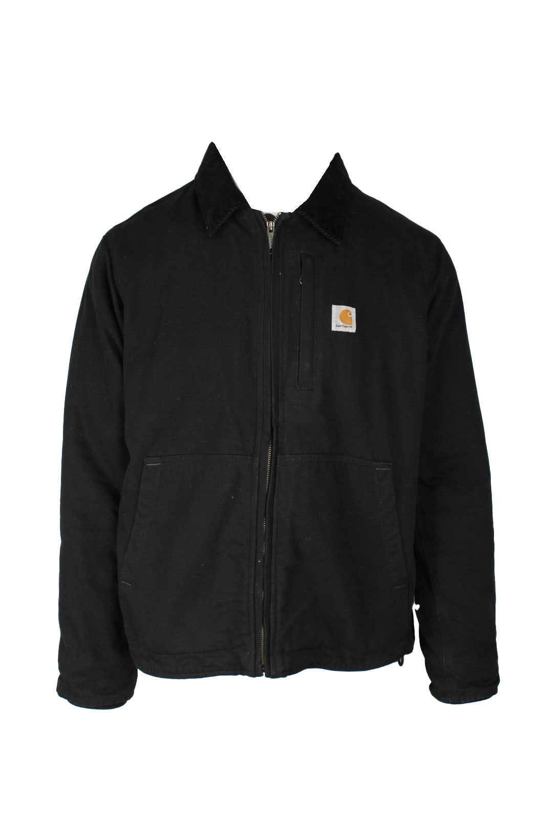 front view of carhartt black zip up ‘full swing’ canvas fleece lined jacket. features ‘carhartt’ logo tag at left breast zip pocket, front kangaroo pouch pockets, inner zip/velcro chest pockets, drawstring at hem, ribbing at cuffs, and corduroy collar.