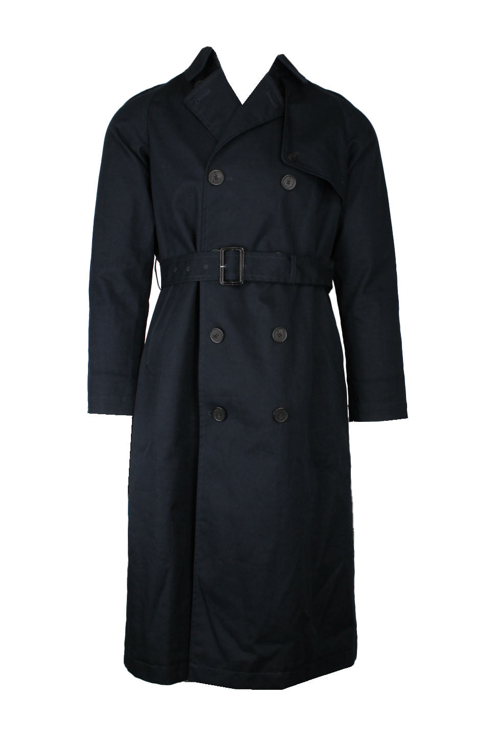 front view of jw anderson x uniqlo navy front button up trench coat. features side hand pockets, inner pockets, fully plaid lined, storm flap accent at left shoulder, black flap yoke, back vent tab, and buckled belt at waist. 