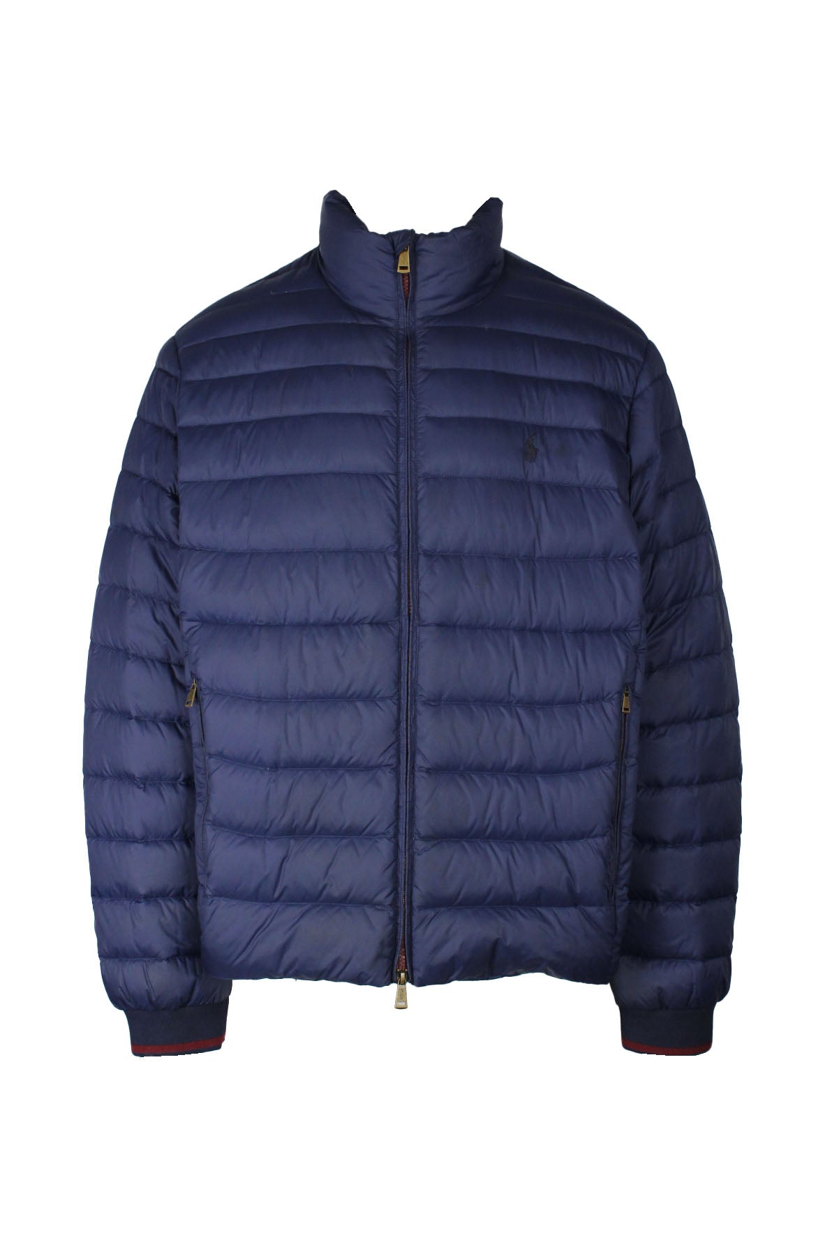 front view of polo ralph lauren navy two way zip up down quilted puffer jacket. features logo embroiderd at left breast, side zip hand pockets, and ribbed cuffs.
