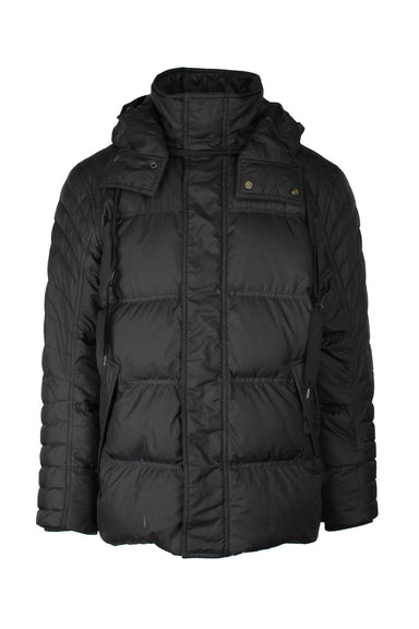 front view of marc new york andrew marc black zip/snap up quilted down blend puffer jacket. features ‘mny’ logo tag at left sleeve, side zip hand pockets, inner zip chest pocket, ribbing at cuffs, and optional zip on/off hood with drawstrings.