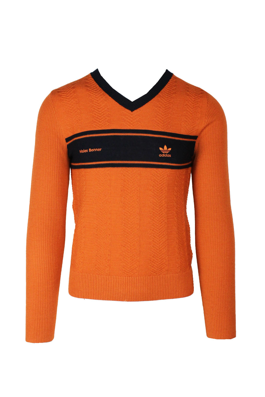description: adidas x wales bonner orange long sleeve sweater. features black stripe with wales bonner embroidery at front, black hem v neckline, and ribbed knit throughout. 