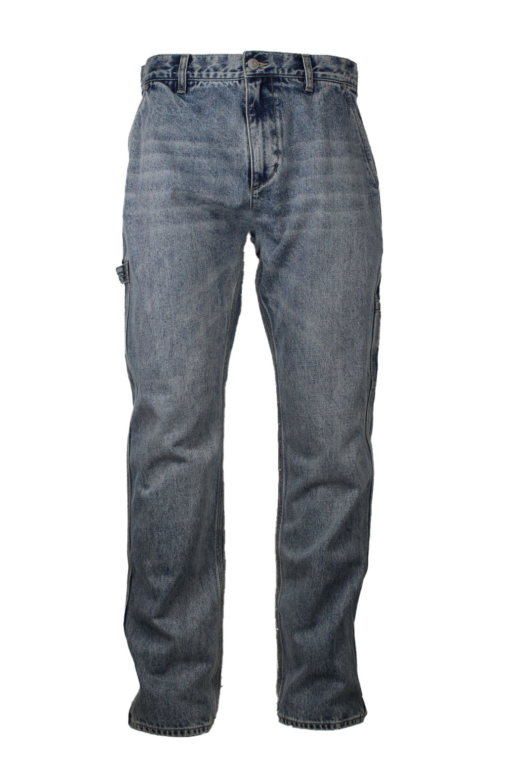 front view of kith blue denim carpenter jeans. features side hand pockets, rear pockets, left leg slot pocket, right leg hammer loop, and zip fly with branded ‘kith’ button closure.
