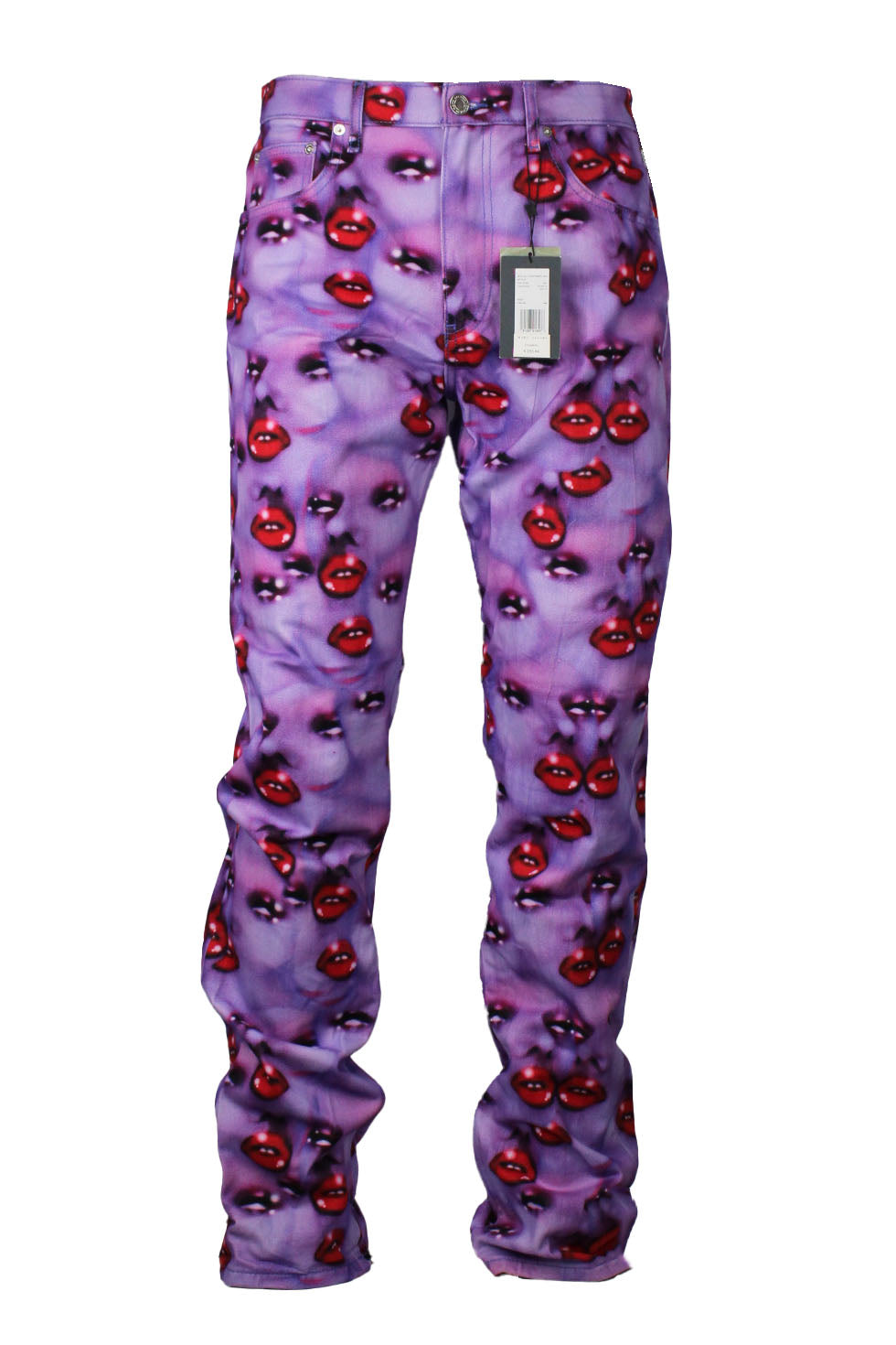 description: heaven by marc jacobs purple kiss face print pants. features straight leg, high rise, zip fly, and button closure. 