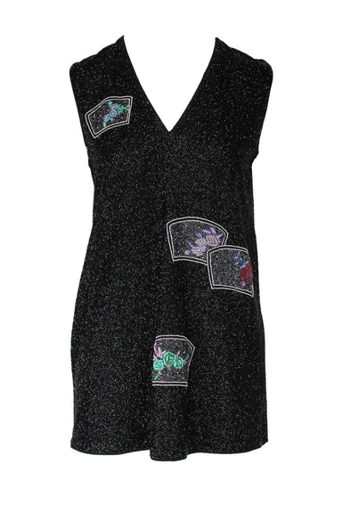 description: ganni black beaded mini sleeveless dress. features v neckline, loose fit, framed floral design throughout, and zipper closure at sides.