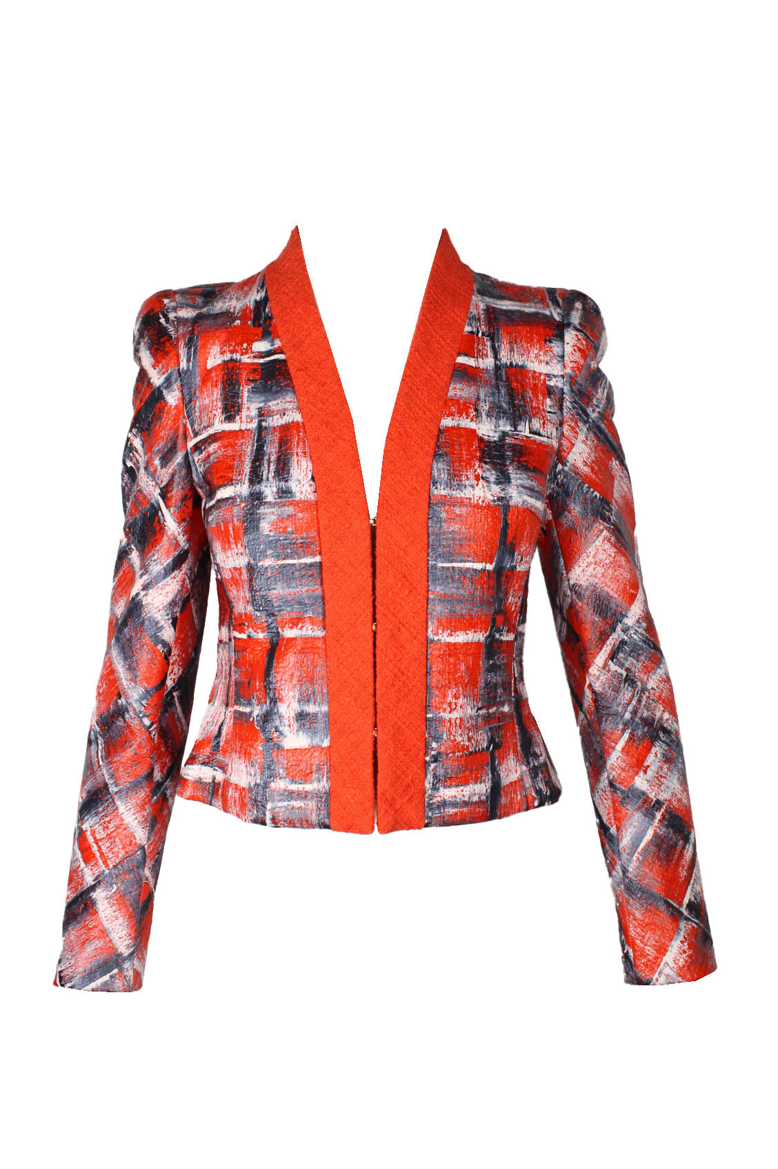 description: escada red tones abstract painting blazer. features red hem at center, hook closure, padded shoulders fitted style, and cropped length. 