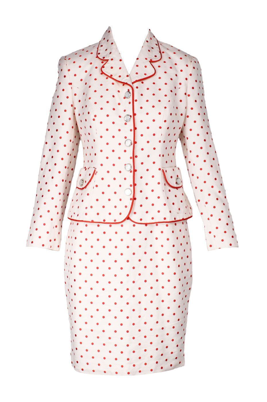 description: vintage versus by gianni versace white and red polka dot blazer and skirt set. features red hem throughout, silver-tone buttons, pressure fastener closure at center front, slit pockets at front and skirt features pencil silhouette with zipper closure at center back. 