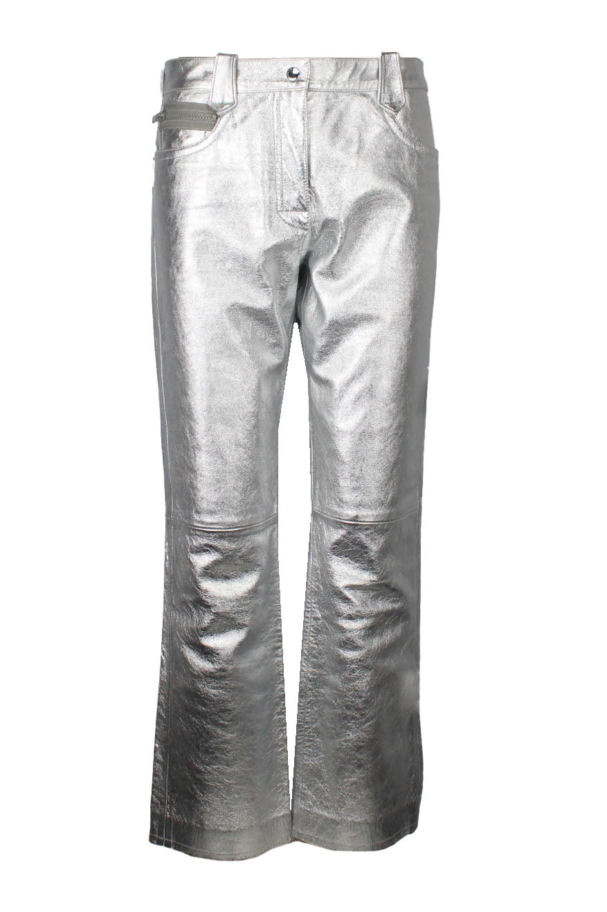 description: coach silver metallic leather pants. features zip fly, button closure at waist, five pocket design throughout, boot cut, and coach design at pockets. 