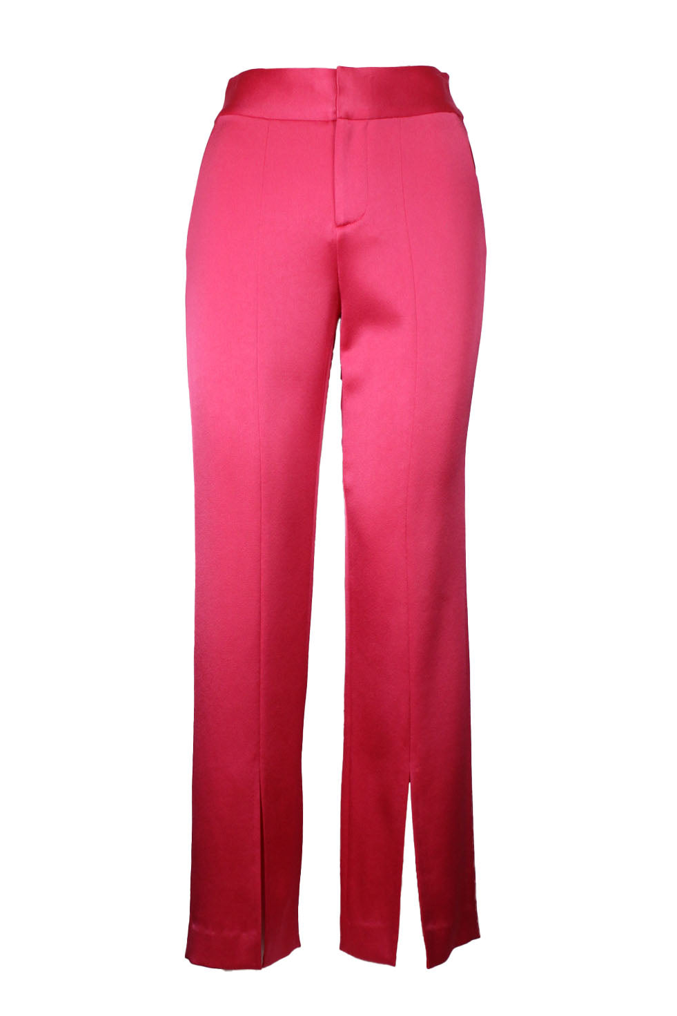 description: alice + olivia pink satin finish pants. features zip fly, hook closure at waist, open slit at front leg, elasticized waist at back, and slit pockets at back. 