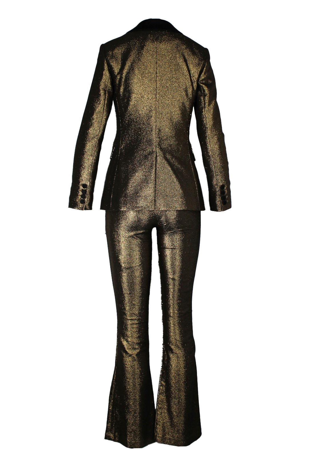 alice + olivia metallic gold 2 piece suit. jacket features front flap pockets, single button closure, and 4 cuff buttons. pants are mid-rise, wide leg and taper out towards hem with back zipper.