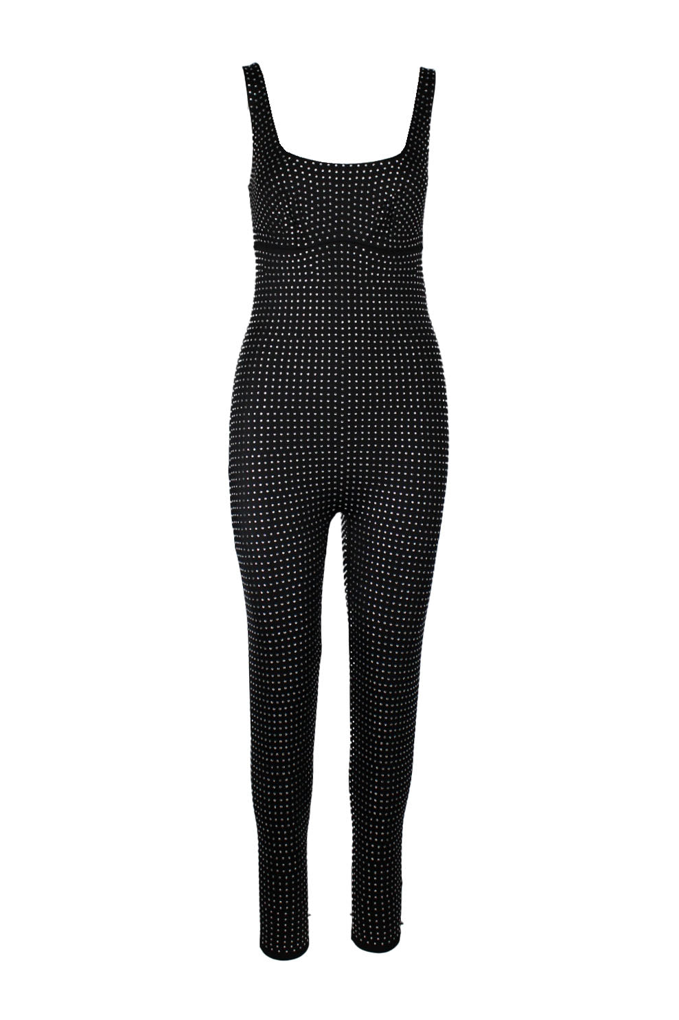 description: yitty black rhinestone sleeveless jumpsuit. features rounded neckline, fitted style, and slip on style. 