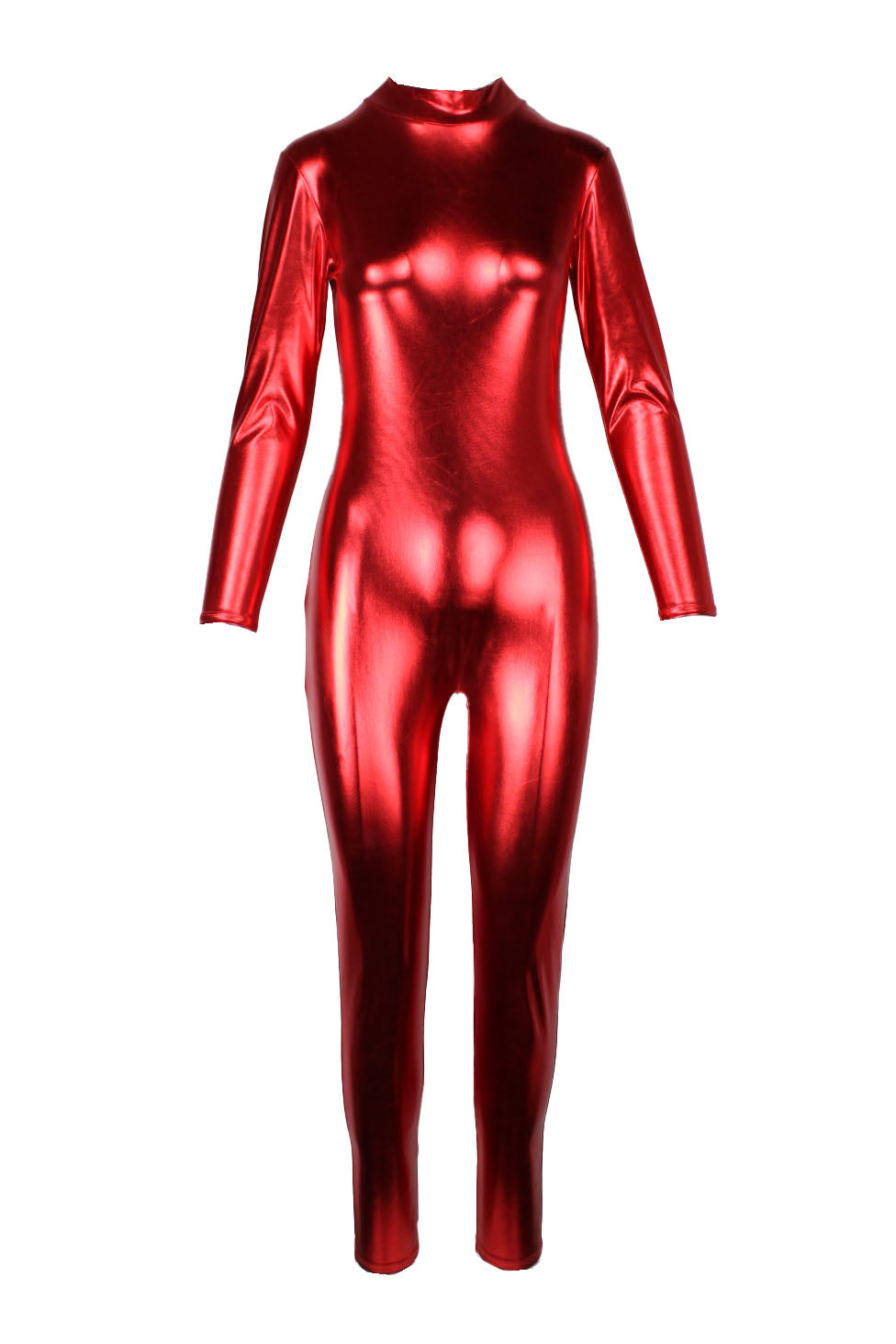 description: speerise red metallic long sleeve unitard. features tall collar, fitted style, and zipper closure at center back. 