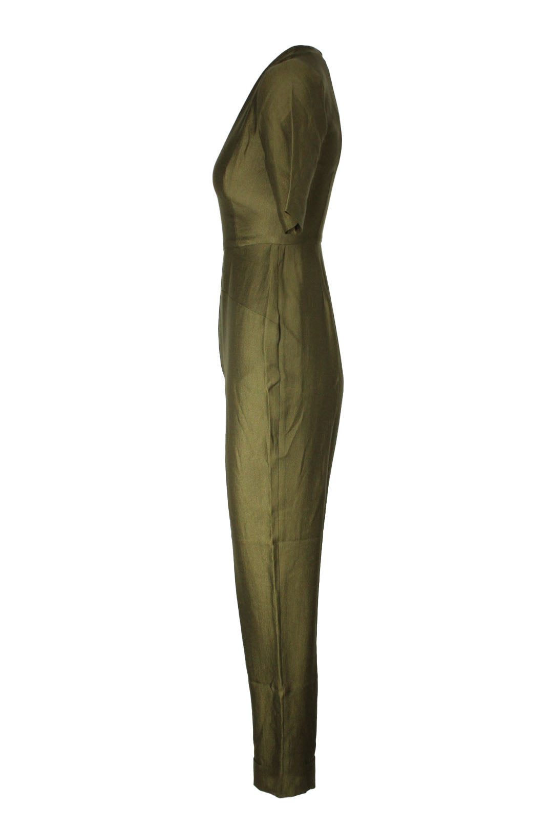 sau olive toned jumpsuit. fabric has slight crinkle and a shimmer. features fabric with v neck cut, detail paneled stitching around waist and darts along chest, pockets and back zipper. cuffed hem at pants