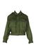 front of vintage green military jacket. features spread collar, tonal stitching, flap pockets at bust, shoulder straps, buckle belt at waist, and hidden button closure. 