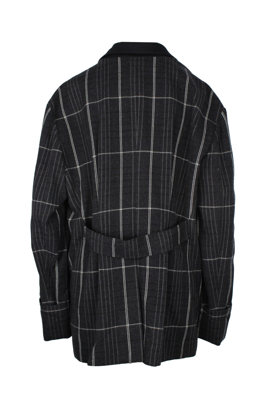 back of blazer with plaid pattern. 