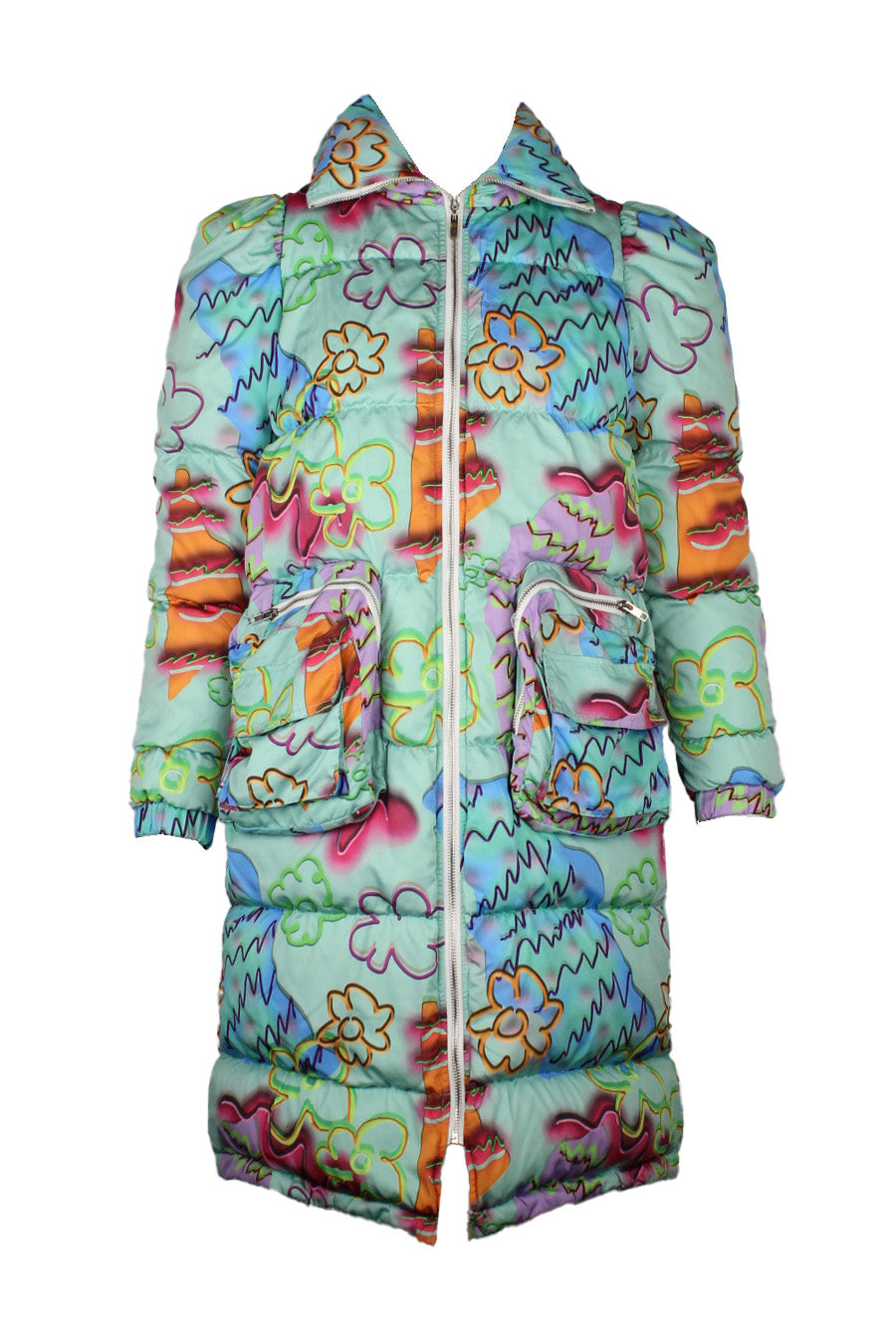 description: colin locascio multicolor doodle print long sleeve puffer jacket. features zipper closure at center front, zip closure pockets at front, and high neck. 