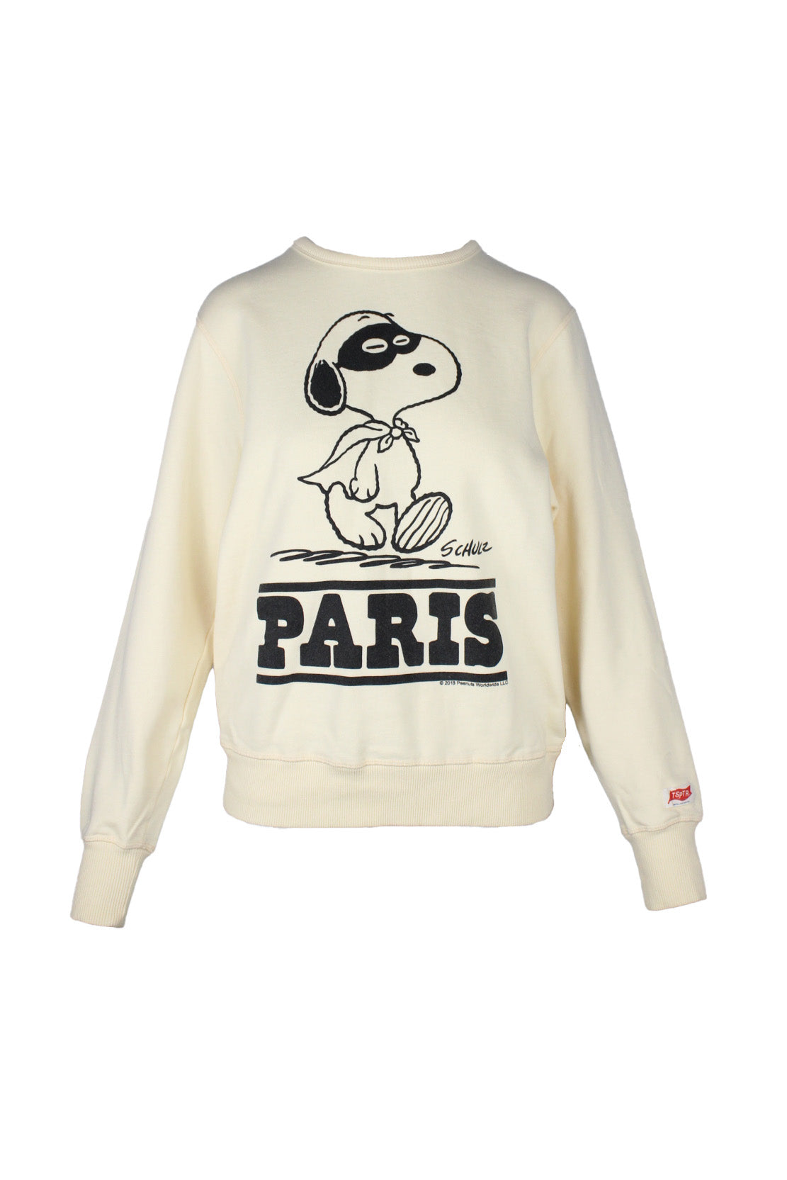 description: sporting good beige snoopy long sleeve sweatshirt. features ribbed hem throughout, and paris snoopy graphic at front. 