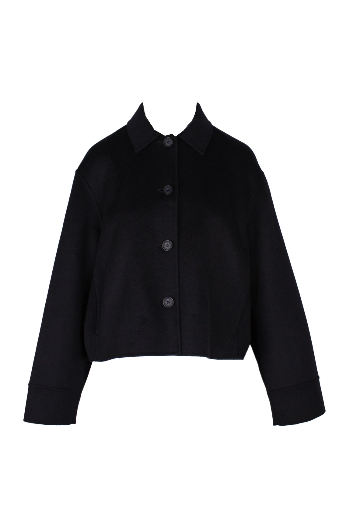 front of cos black wool blend short jacket. features spread collar, side seam pockets, long sleeves, and button closure. 