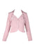 description: vintage brighton pink long sleeve blazer. features silk-twist effect at front, single button closure at center front, and cropped length.