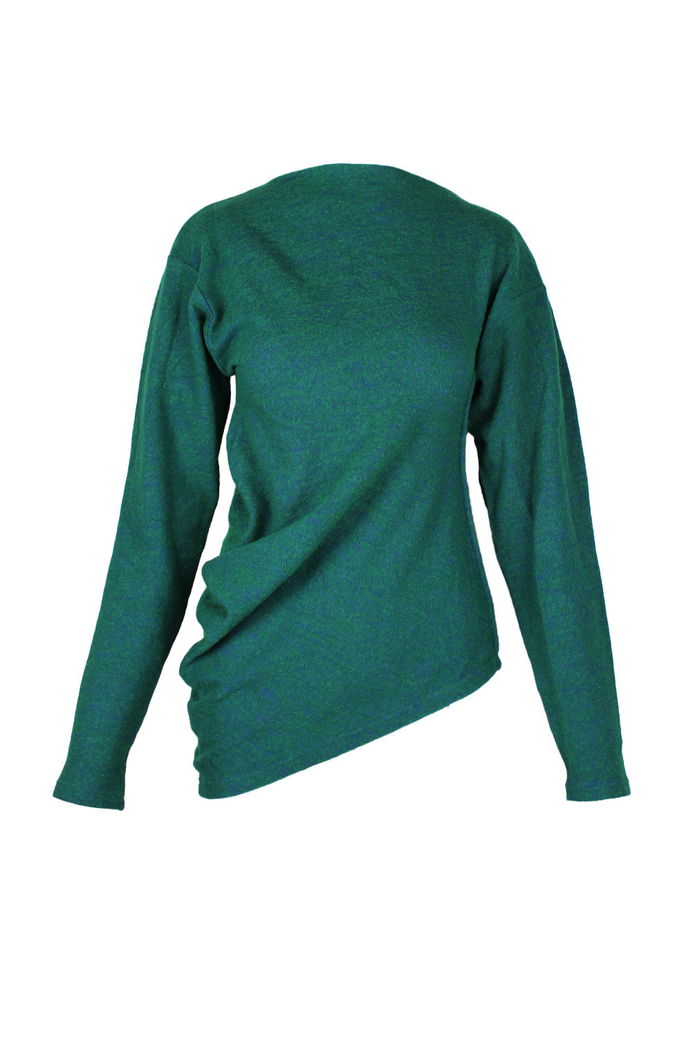 description: queenhot studio green long sleeve sweater. features assymetrical bottom hem, high neck, and drapped-like side. 