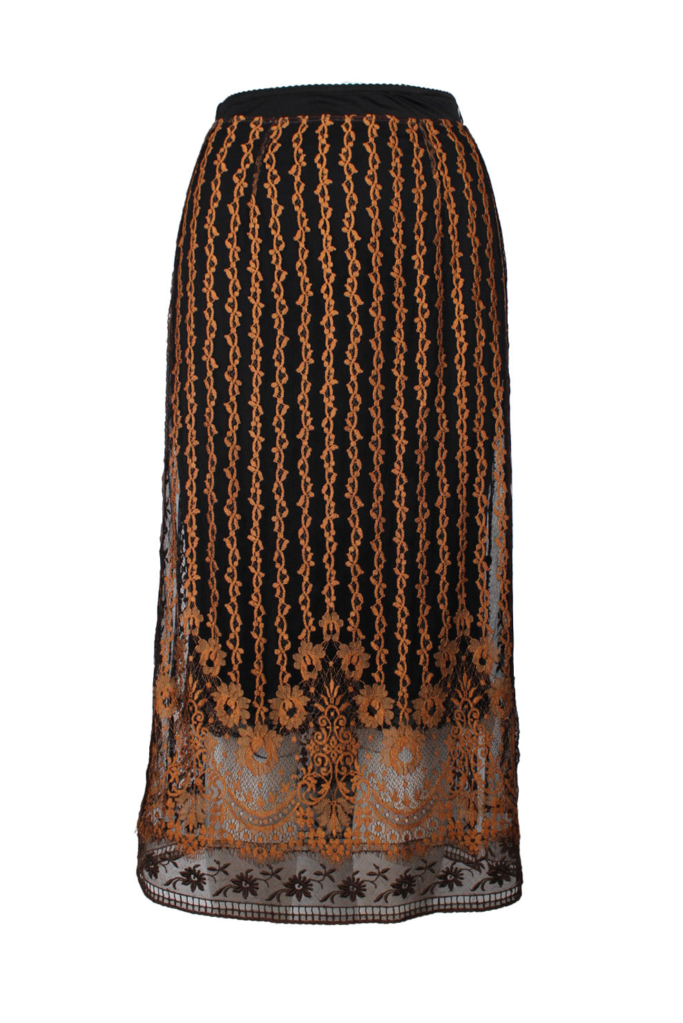 description: collette dinnigan brown orange sheer lace skirt. features black lining skirt, orange floral lace, button closure at left side, and midi length. 