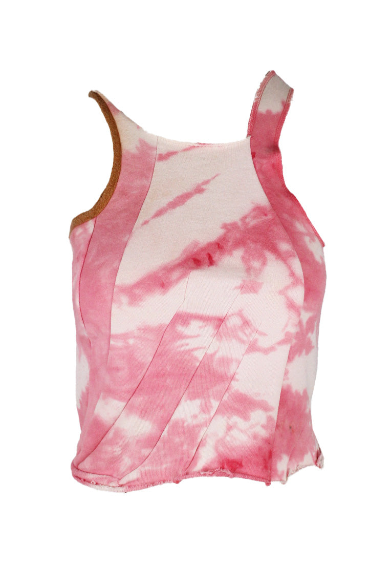 description: ottolinger pink tie dye sleeveless top. features raw bottom hem, assymetrical neckline, and ribbed brown hem at left sleeve. 