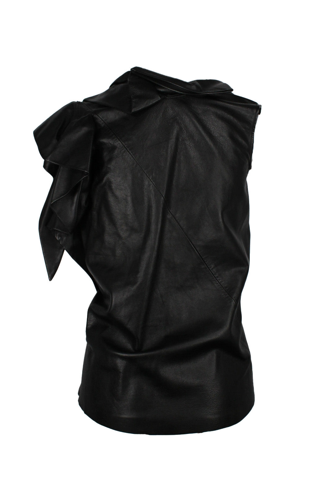 description: vintage black leather sleeveless open back top. features draped leather design at left side, open back with zipper closure at center front, and long silhouette. 