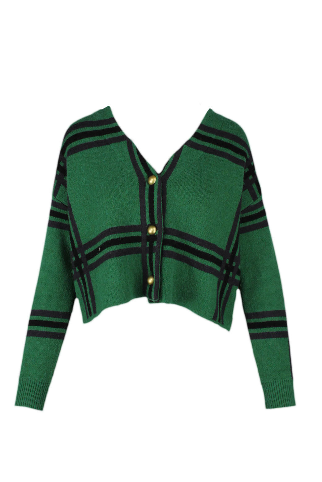 front of tularosa green long sleeve crop sweater. features striped design throughout, v neckline, ribbed cuffs, and gold toned button closure. 