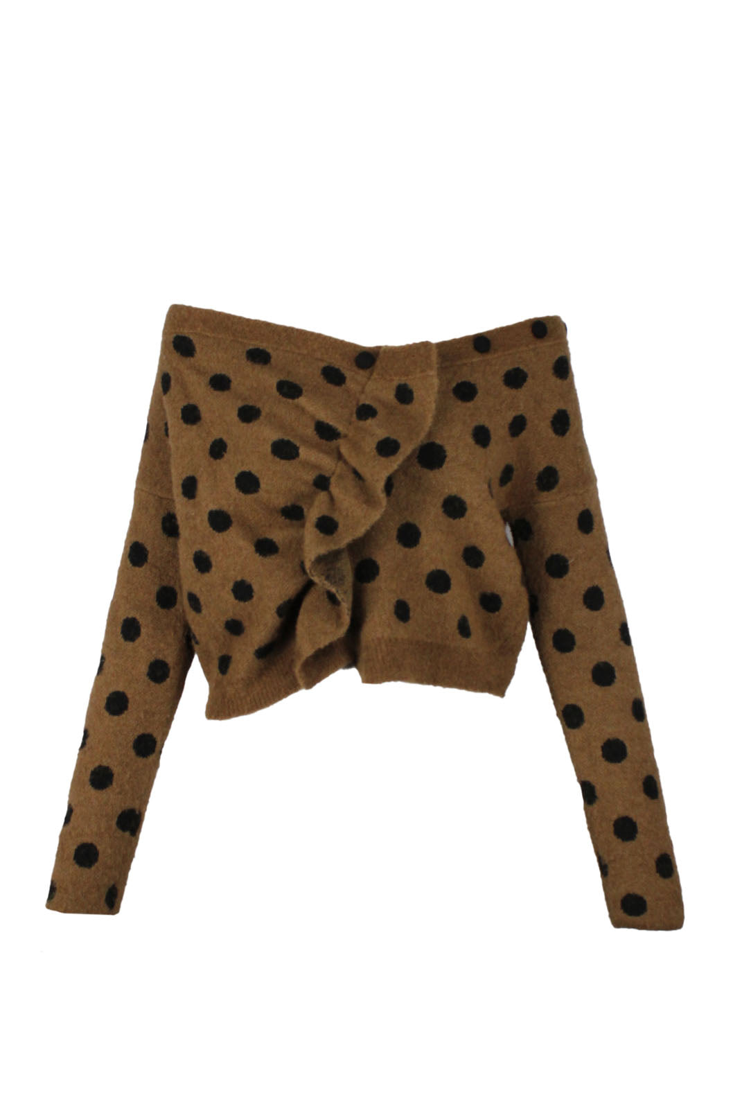 front of rachel comey brown off shoulder sweater. features polka dots print throughout, ruffled detail at front, ribbed hem, and pull on style.