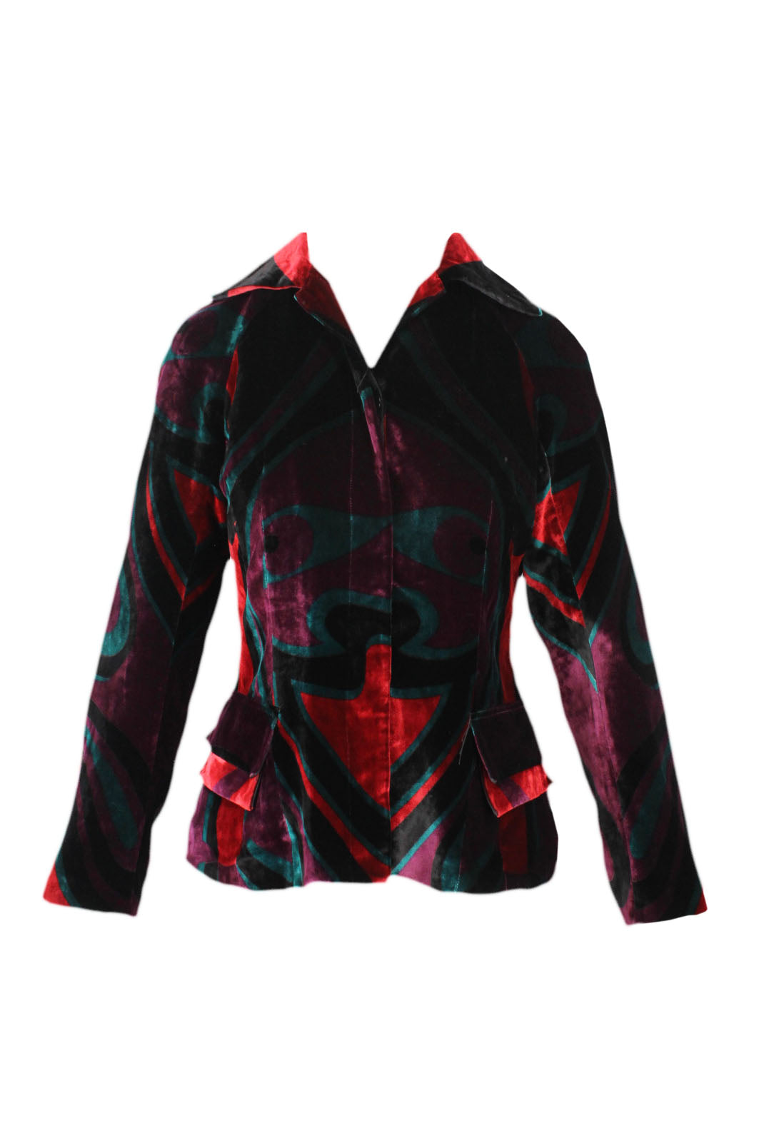 front of vivienne tam multicolor velvet long sleeve button up. features abstract design throughout, spread collar, flap pockets at waist, fully lined, and hidden button closure. 