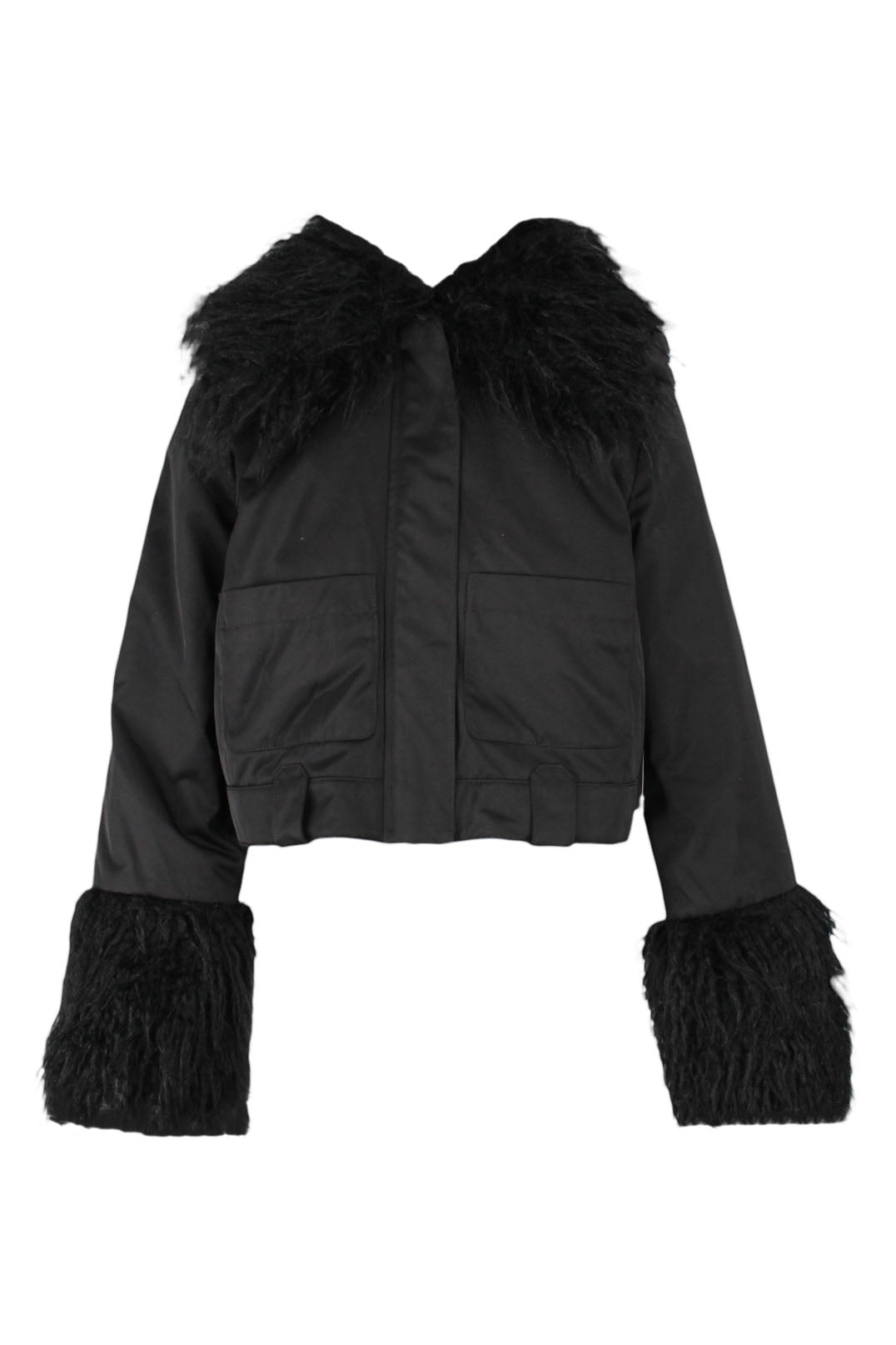 description: & other stories faux-fur collar and sleeves black jacket. features covered zipper closure at center front, and two slit pockets at front.